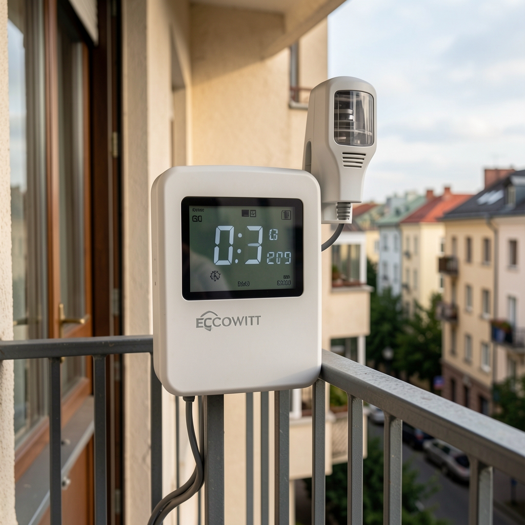 ECOWITT GW2000 временска станица са дисплејом и спољашним сензором постављена на балкону градске куће