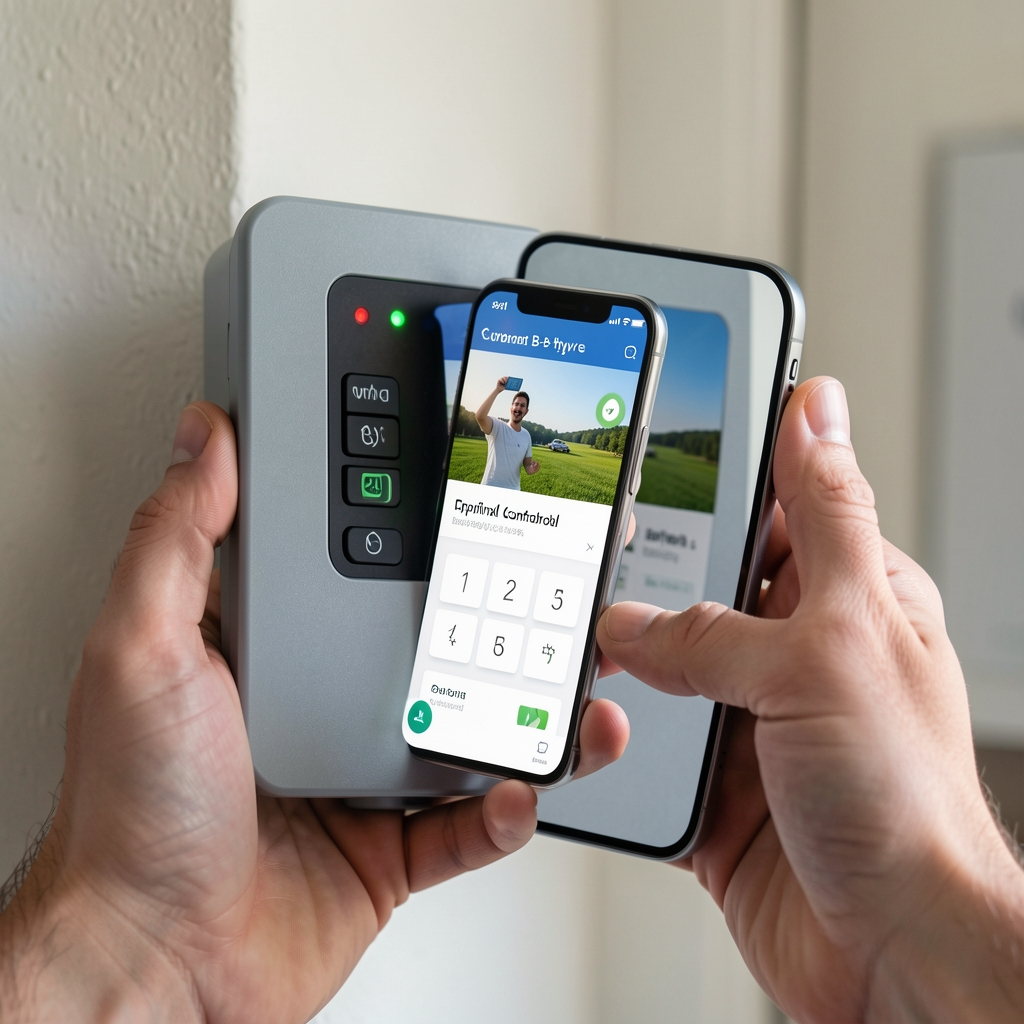 Orbit B-hyve Smart Hose спринкл контролер са телефоном у руци на коме се приказује апликација за наводњавање